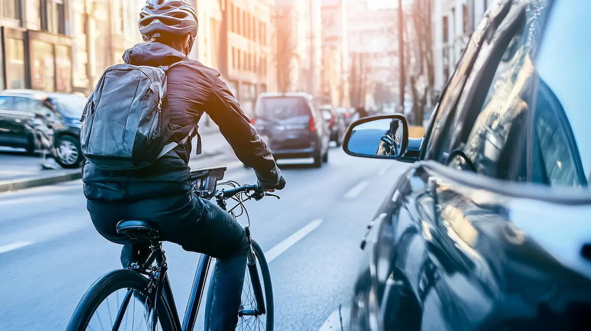 man riding bicycle almost gets hit by car door