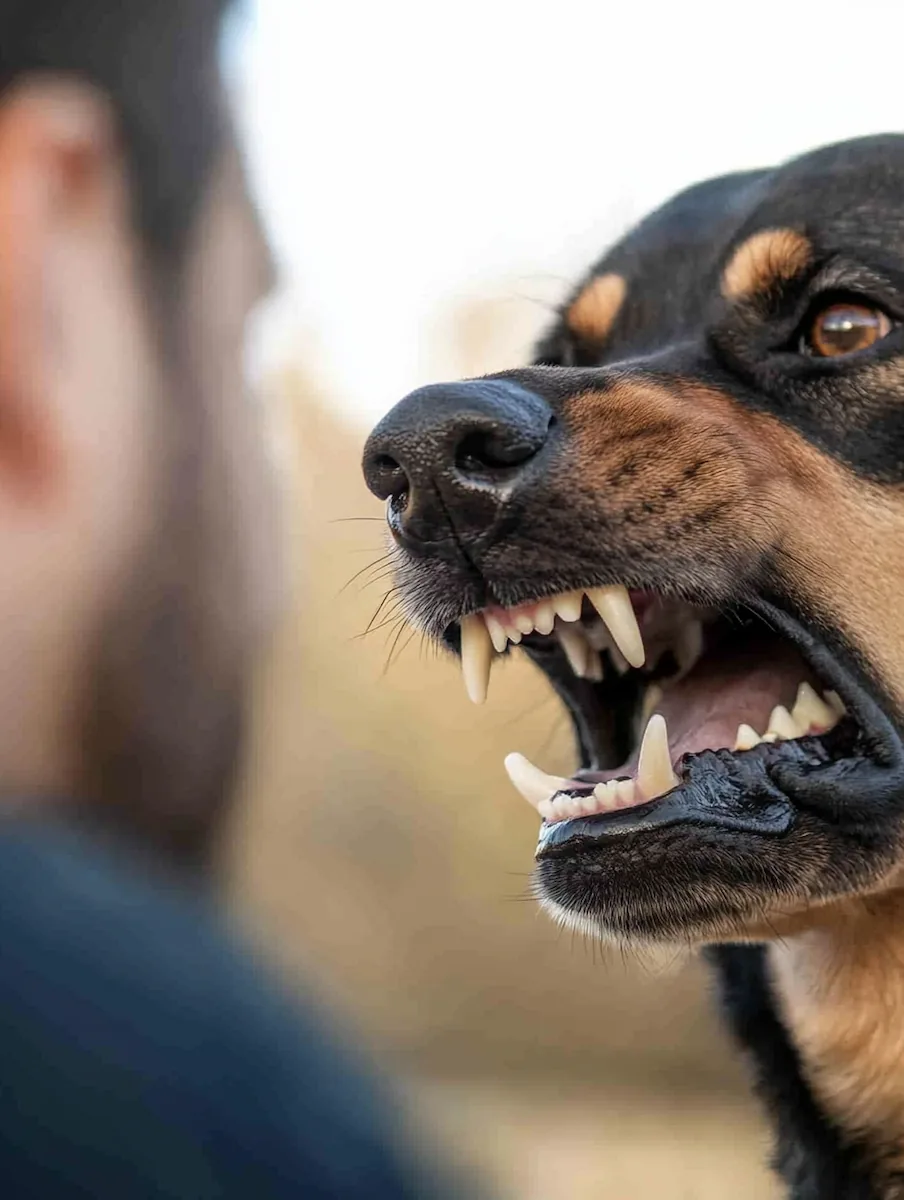 aggressive German Shepard biting a mans hand
