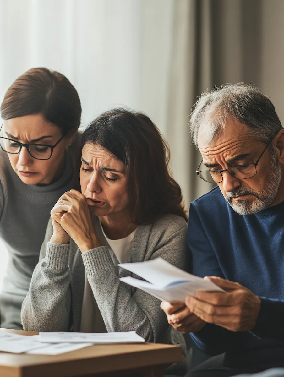 family looking anxious at documents